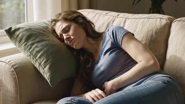 Young woman experiencing stomach pain, lying on sofa, looking uncomfortable and unwell.