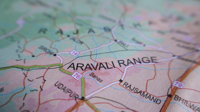 Aravalli Range map detail, India, close-up of geographical map, travel, exploration, route planning, India's geography, topography, roads, towns, ancient mountains, adventure