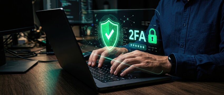 Enhancing cybersecurity with two-factor authentication implementation remote office digital security guide virtual workspace close-up view online safety awareness