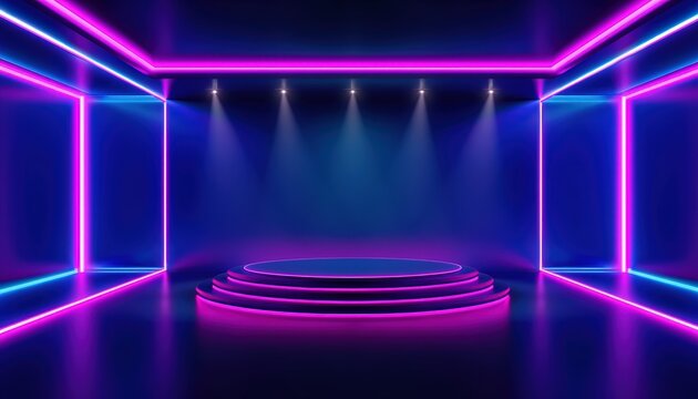 A futuristic neon-lit stage with glowing purple and blue lights, featuring a circular platform under spotlights in a dark room.