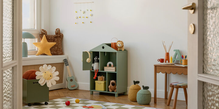Warm and playful kid interior with wooden furniture, soft toys, and decorative wall art.