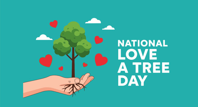 Hand holding tree with hearts and clouds on national love a tree day