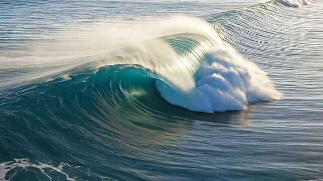 A powerful ocean wave curls and breaks with white spray against the blue water