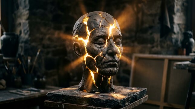 Striking artistic sculpture of a human head with glowing cracks symbolizing inner power and dynamic energy in a dimly lit studio