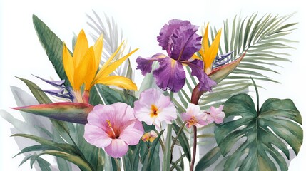 Obraz premium Tropical Watercolor Florals: Vibrant Iris, Hibiscus & Bird of Paradise Art