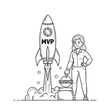 Dynamic female entrepreneur initiating a groundbreaking new business venture, symbolizing product development, innovation, and successful startup launch with a rocket