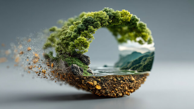 A circular cross-section of a vibrant natural landscape with trees, water, and earth, gradually eroding into particles on one side, symbolizing environmental fragility.