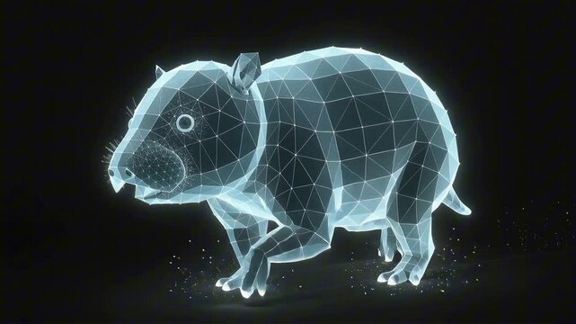 Hologram wombat walking forward, cyan polygonal body with glowing contours and light dust footsteps on a solid black background.