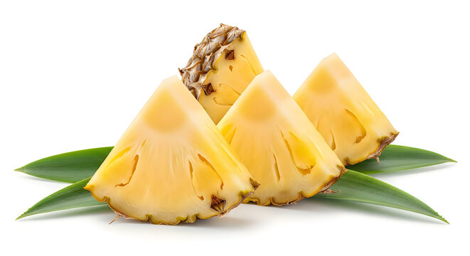 Fresh pineapple wedges with green leaves on a white background