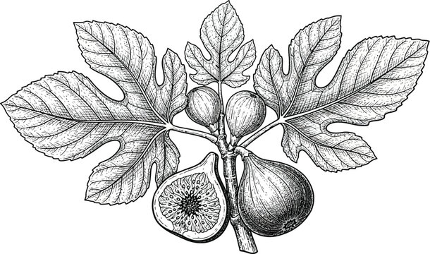 A detailed vector illustration of a fig branch with leaves and figs in a classic engraving style.