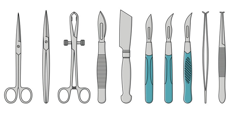 Surgical Instrument Set Including Scalpel, Scissors, and Forceps for Medical Procedure and Healthcare Vector Illustration