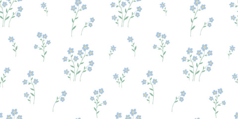 Naklejka premium Seamless simple floral pattern with tiny flowers bouquet on white background. Vector ditsy blue print for textiles, vintage wallpaper, and fabric blossom design