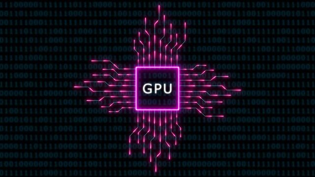 Gpu processor chip with glowing neon circuitry and binary code background, for high-performance computing technology
