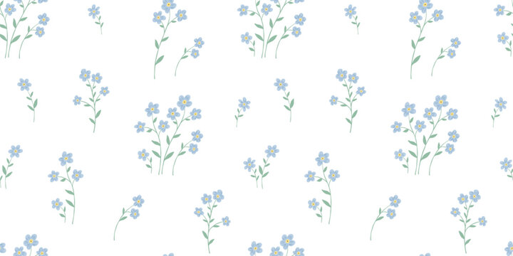 Seamless simple floral pattern with tiny flowers bouquet on white background. Vector ditsy blue print for textiles, vintage wallpaper, and fabric blossom design