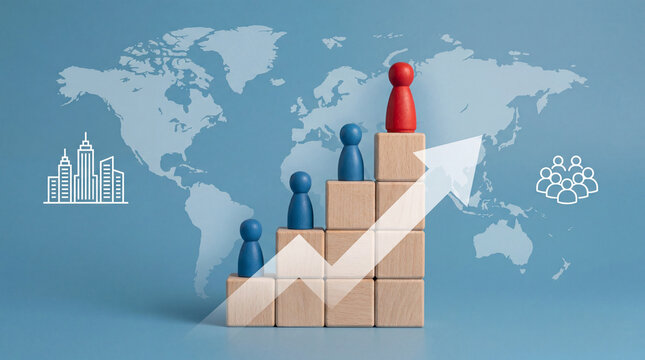 Global Population Growth and Urbanization Concept, Wooden Blocks Showing Rising People, City Expansion and Worldwide Demographic Change