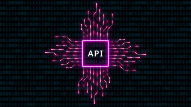 Api integration concept with glowing digital circuitry and binary code background, for software development technology