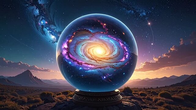 A mystical orb reflects a swirling against a vast cosmic and terrestrial landscape