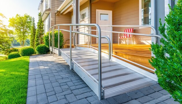 A wheelchair-accessible ramp leads to a porch of a modern home, surrounded by greenery and sunlight, ensuring inclusive access.