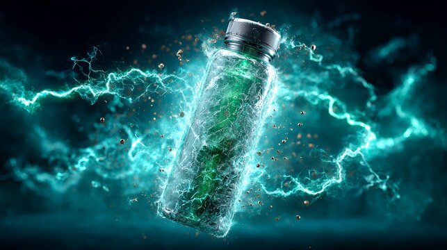 Electrified Elixir: Cracked Glass Vial with Luminous Green Energy