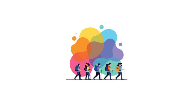 A group of five hikers with backpacks and walking sticks moves in a line across a clean white field with vibrant abstract colorful shapes behind them.