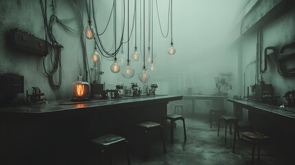 Fototapeta premium abandoned industrial chemistry lab with hanging light bulbs and eerie atmosphere