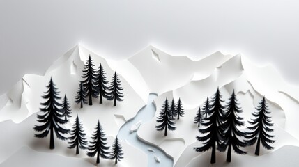 Fototapeta premium Papercraft mountains, trees, river scene. Minimalist design, white background, black silhouettes. Quiet winter landscape.