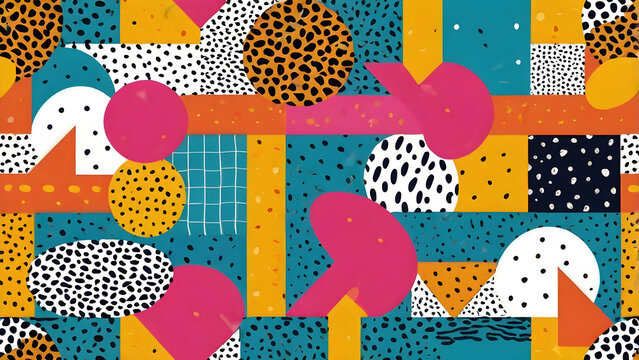 Memphis style seamless pattern with playful shapes bright 80s colors