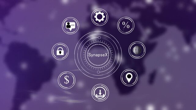 Digital network of interconnected representing global business finance technology and social media analytics with a blurred map background in shades of purple and white