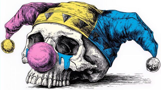 Mirthful Macabre: Jester Skull with Colorful Cap and Clown Nose Art