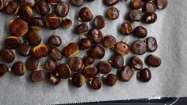 Overhead view of prepared chestnuts on a parchment-lined tray, scored and arranged for roasting in a clean seasonal cooking setup.