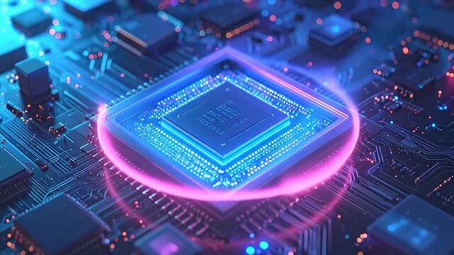 Close-up of a glowing central processing unit on a complex electronic circuit board