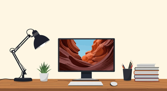 A well-lit wooden desk with a computer, keyboard, lamp, coffee cup, and potted plant against a plain background.