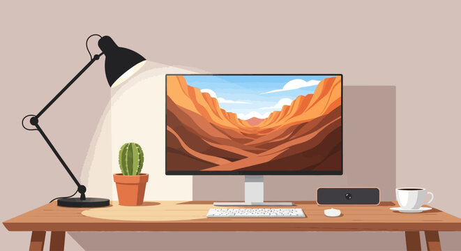 Flat lay of a computer monitor displaying a canyon landscape on a wooden desk with a keyboard, mouse, plant, and adjustable desk lamp on a white background.