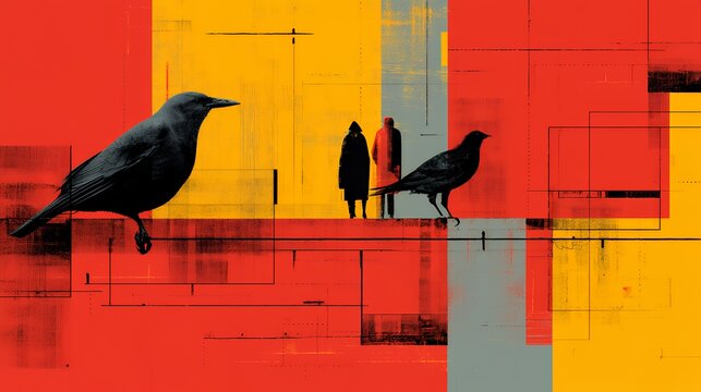 Urban Silhouettes: Crows, Figures, and Abstract Grid Art