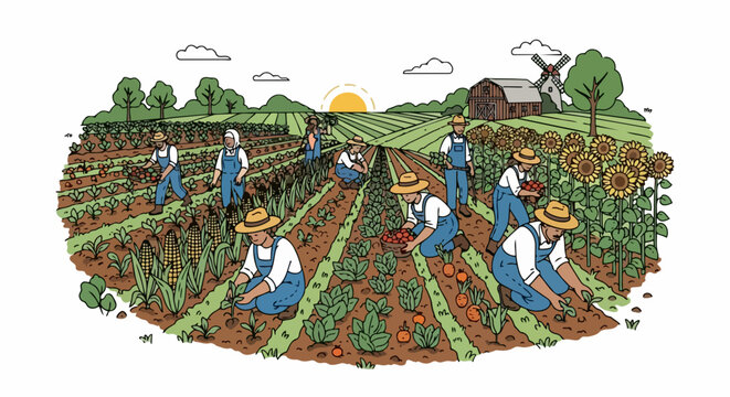Vibrant community gardening illustration with diverse people planting vegetables in organized rows. Gardening scene features fresh produce, soil, and tools. Concept gardening community, urban farming,