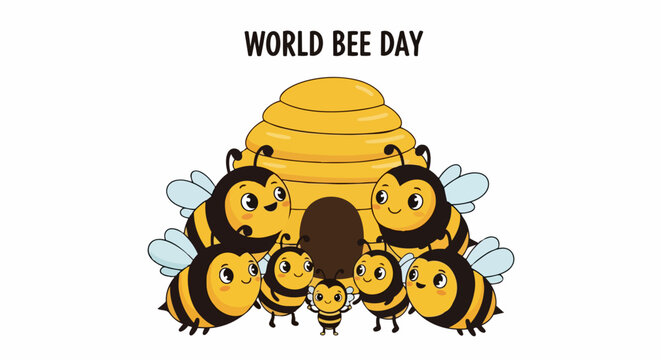 World Bee Day celebration with cartoon honey bee illustration and hive. Bright cheerful bees around honeycomb. Vector graphic for environmental awareness campaigns.
