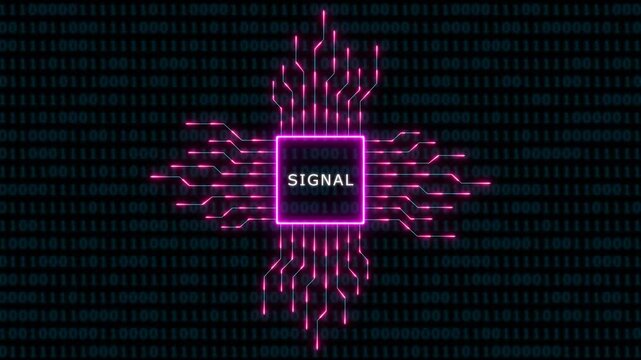 Neon digital signal processor chip with binary code data stream background, for cyber security, and tech concepts
