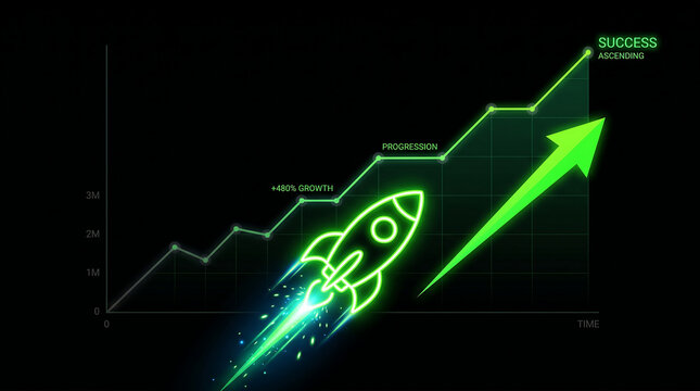 Neon green rocket ship soaring up a line graph on a black background symbolizing business success and growth