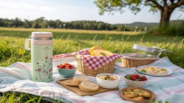 Charming picnic setup featuring arroz caldo and delightful treats in a sunlit meadow