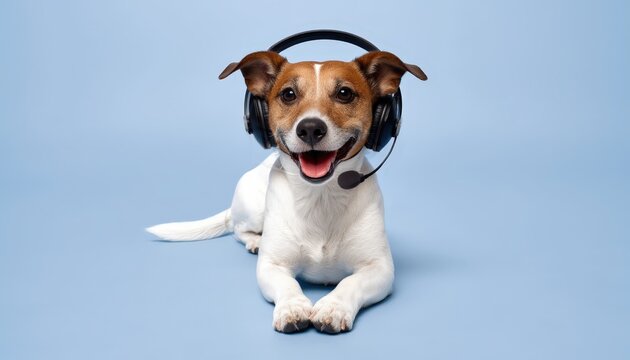 A happy Jack Russell Terrier dog wearing a headset, lying down against a light blue background, appearing ready for communication or customer service.