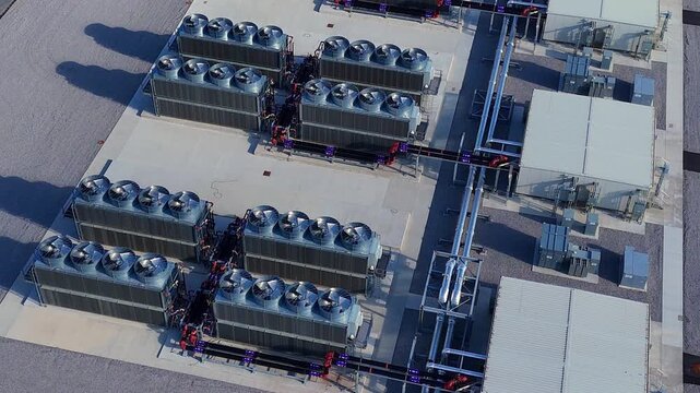 Aerial view of Google data center expansion cooling systems in New Albany, Ohio, USA