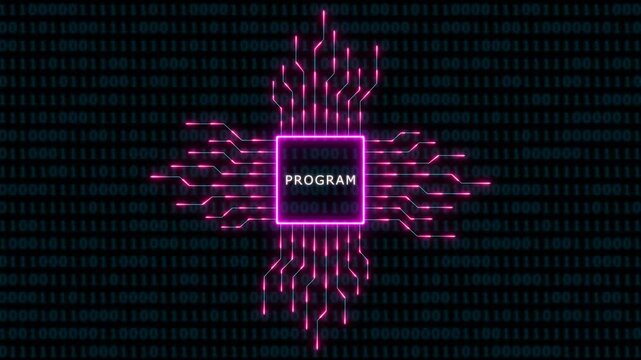 Digital program processor concept with glowing neon circuitry and binary code background, for tech presentations
