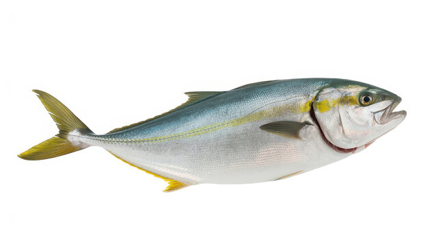 Fresh raw yellowtail fish with silver scales and yellow stripe isolated on a white background