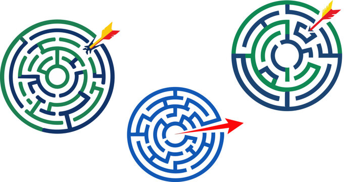 Circular maze vector set with arrows and darts, business strategy labyrinth icons, goal achievement and problem solving concept illustrations