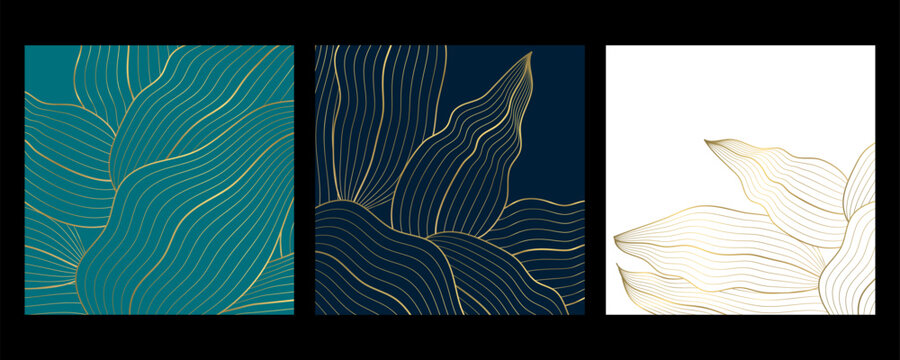 Abstract floral line art pattern set with leaves and botanical elements in three different color variations for modern design projects