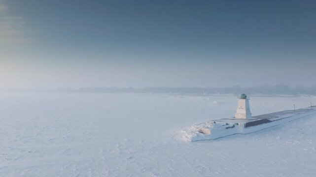 Aerial rotation around the lighthouse viewed from the frozen lake surface