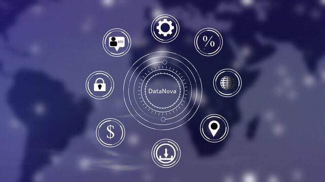 Global digital network concept with interconnected for data analytics finance and technology displayed on a blurred blue map background with bokeh effects