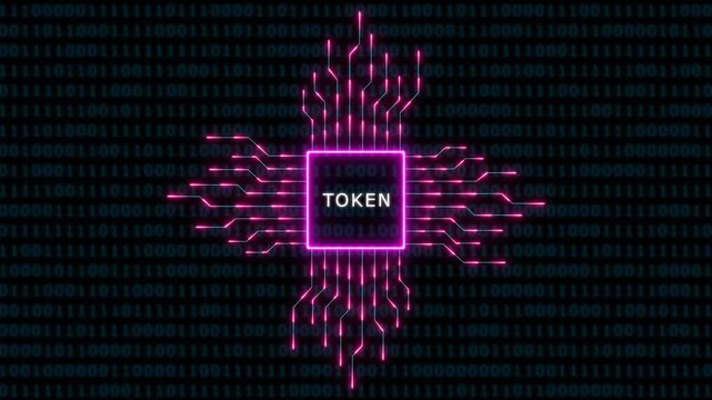 Digital token concept with glowing neon circuitry and binary code background, for blockchain and, fintech technology