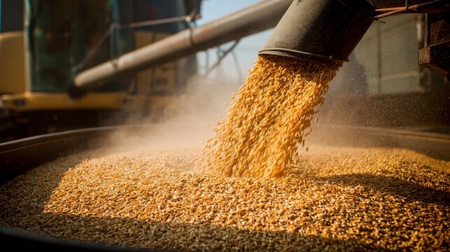 A combine harvester grain tank filling during harvest.