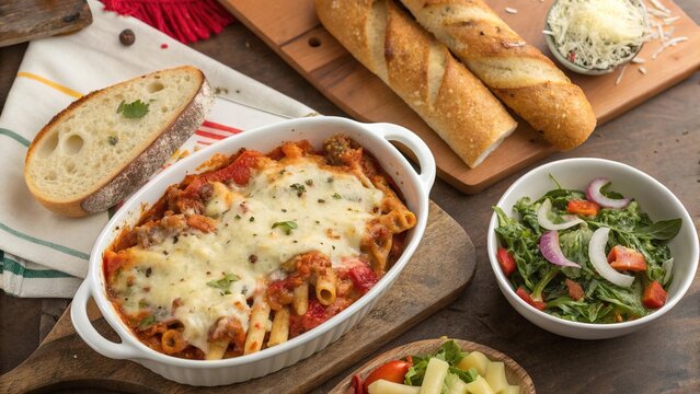 Family-style baked ziti feast with fresh salad and bread in a cozy dining atmosphere